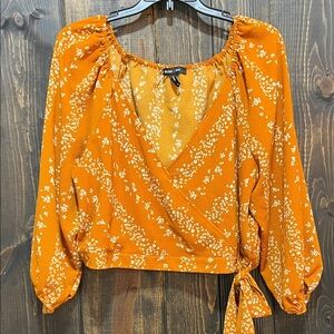 BCBG Paris Wrap Crop Top XL Floral Orange Boho Balloon Stretch Tie Coquette Girl